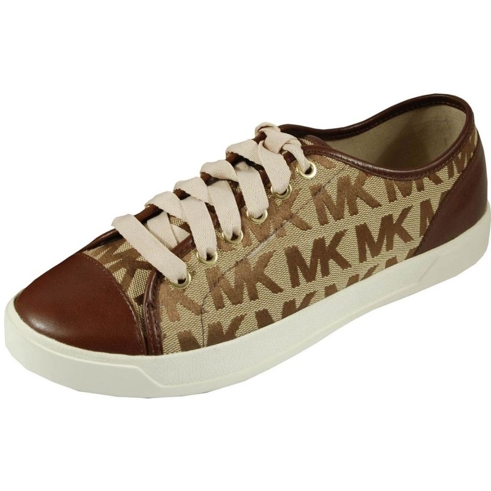 Michael Kors MK Logo Tan Canvas Brown Leather Low‎ Top Cap Toe City Sneaker 8